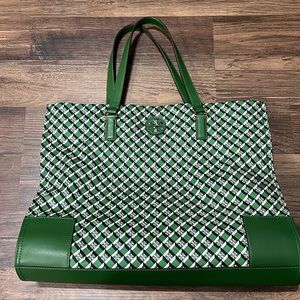 Tory Burch nylon tote geo pattern in green and blue